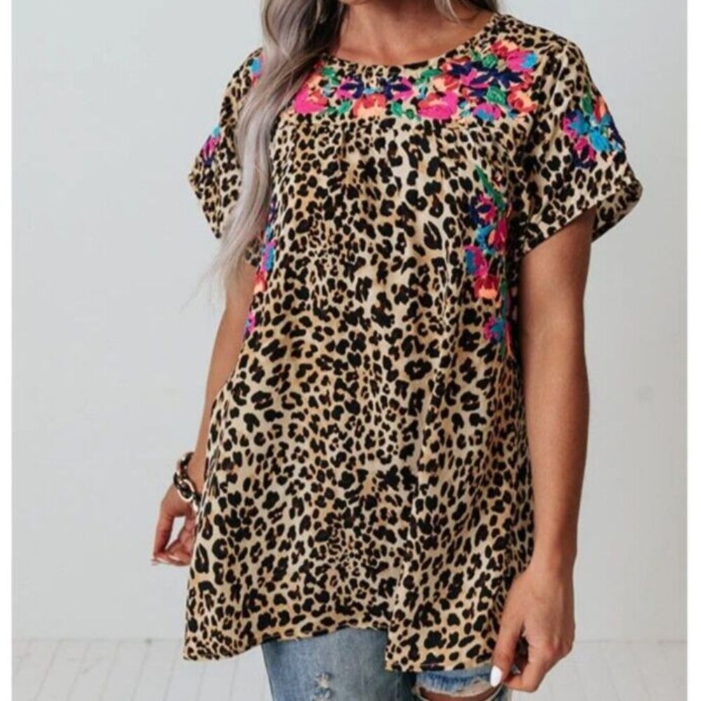 See And Be Seen Womens Large Leopard Print Floral Embroidered Top Boho Festival